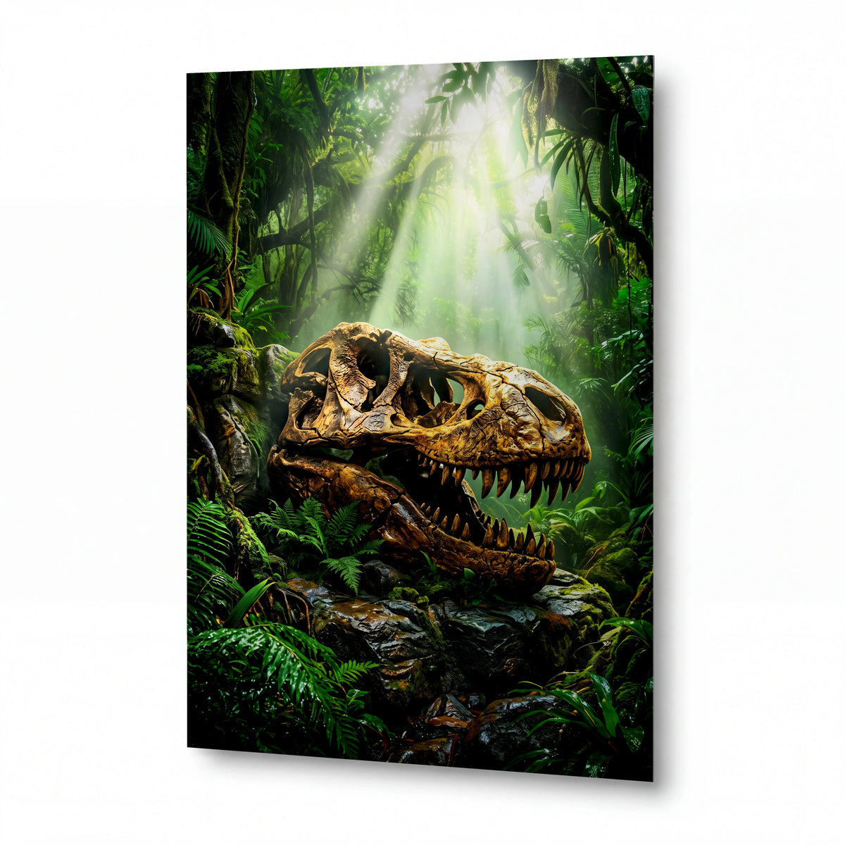 Obraz Lebka tyranosaura v pralesním světle — kovový obraz na hliníkovém panelu s vysokým leskem