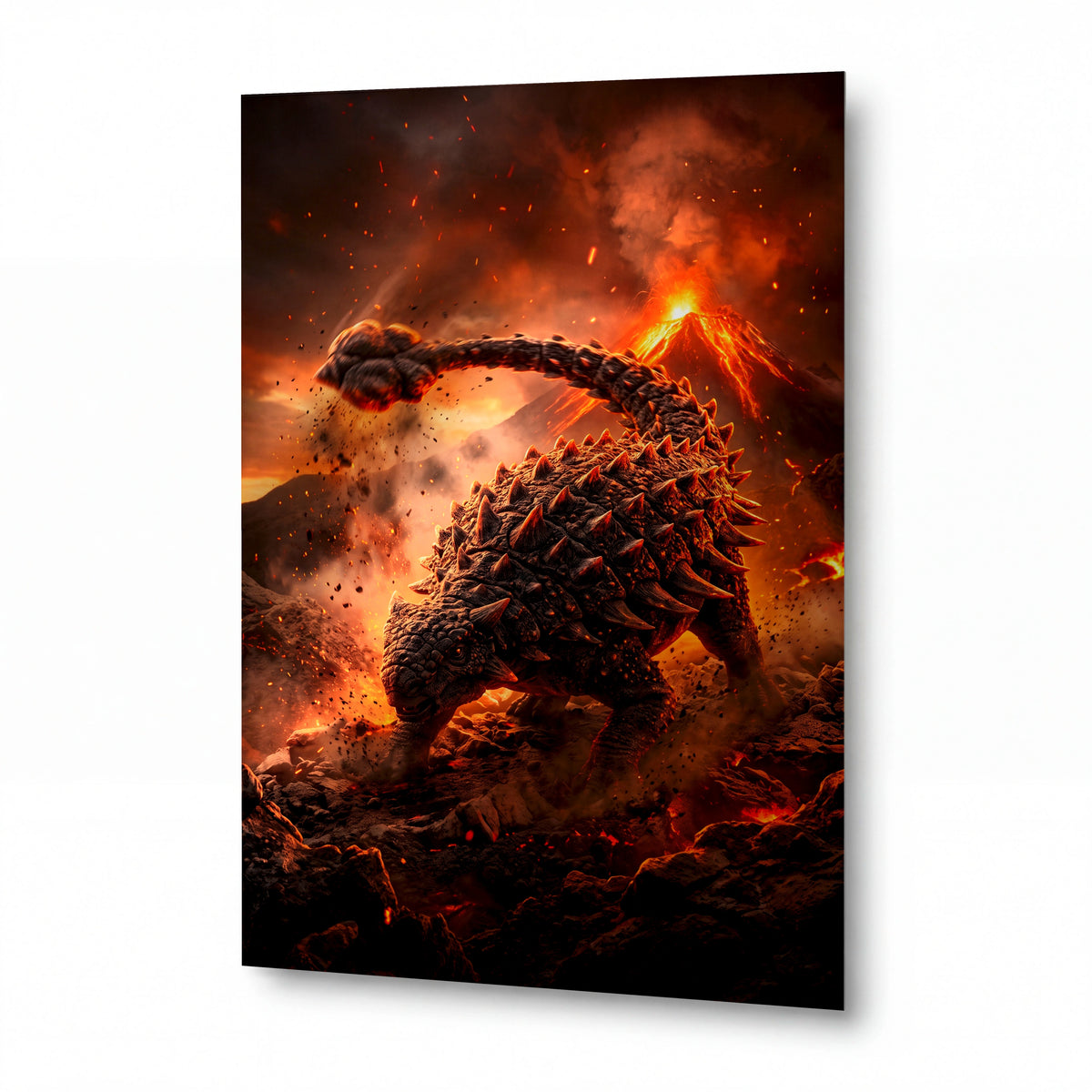 Obraz Ankylosaurus v plamenech sopečné erupce — kovový obraz na hliníkovém panelu s vysokým leskem