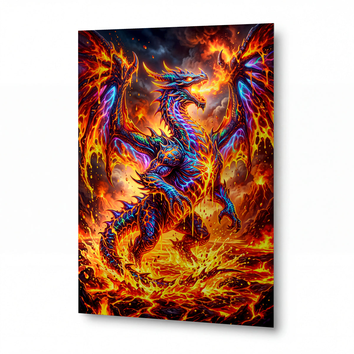 Obraz Drak ohnivého znovuzrození — kovový obraz na hliníkovém panelu s vysokým leskem