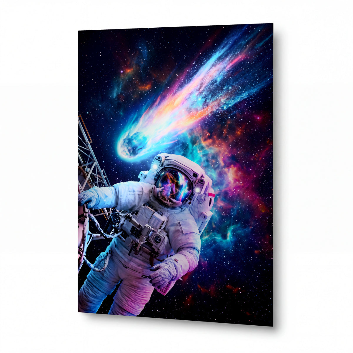 Obraz Astronaut v objetí planoucí komety — kovový obraz na hliníkovém panelu s vysokým leskem