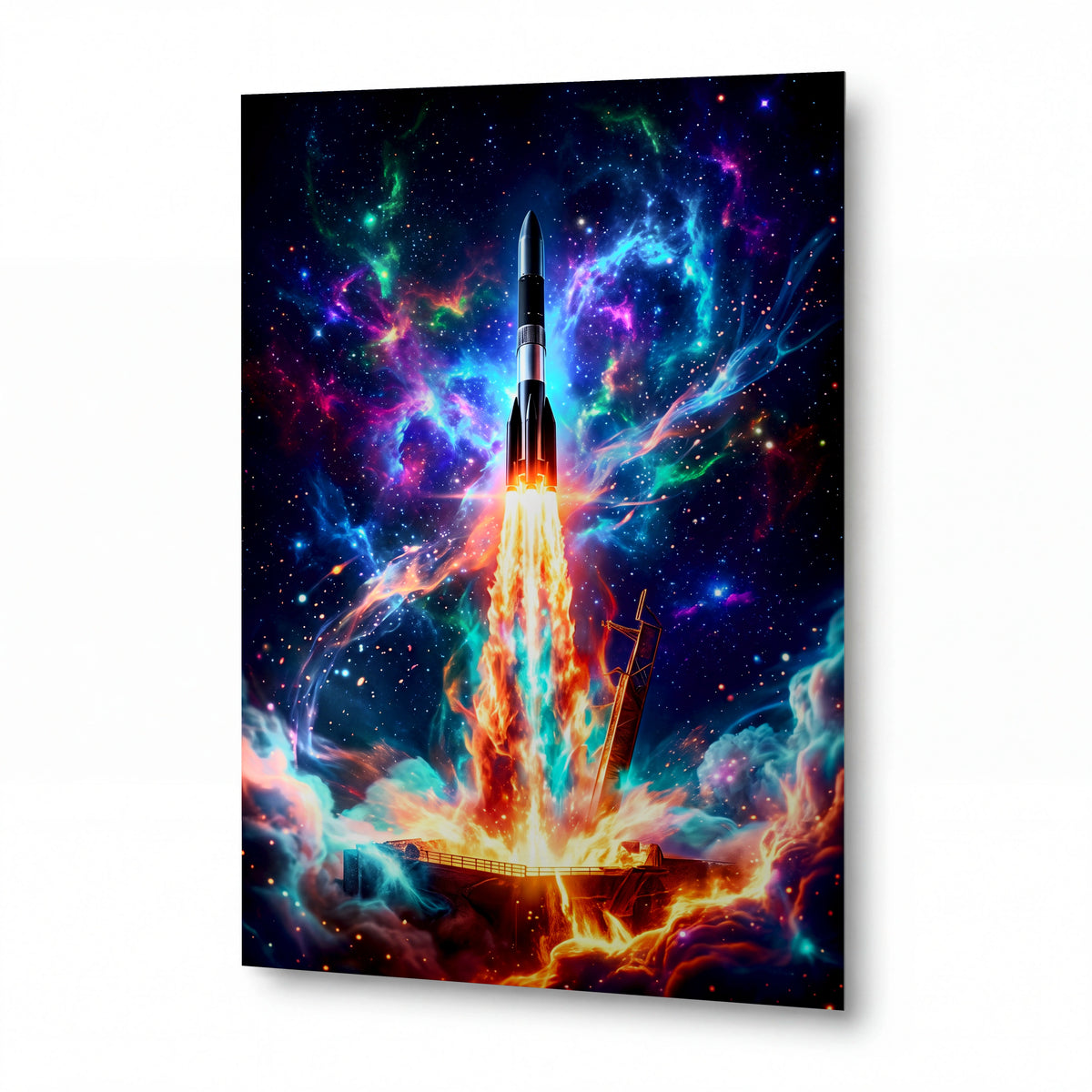 Obraz Start rakety v ohnivém víru galaxie — kovový obraz na hliníkovém panelu s vysokým leskem