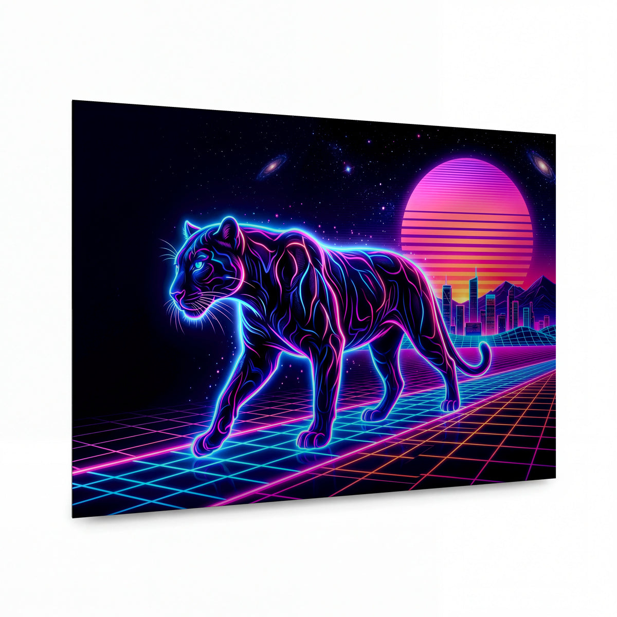 Obraz Neonový panter v retrowave městě — kovový obraz, vysoký lesk