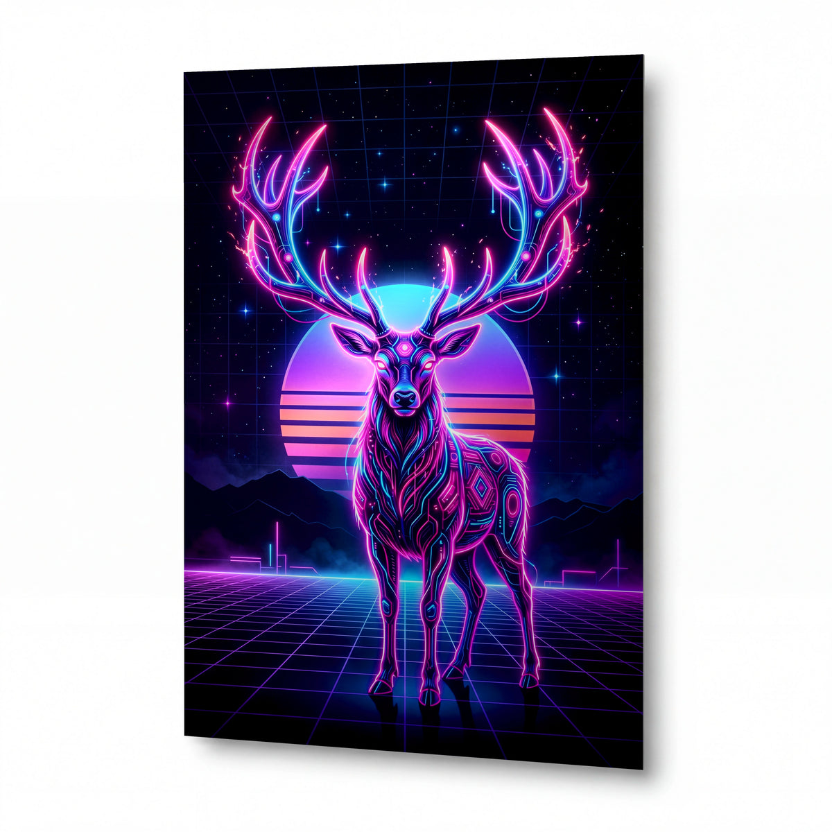 Obraz Neonový jelen v retro synthwave krajině — lesklý panel z hliníku