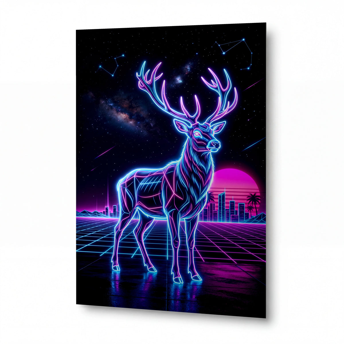 Obraz Neonový jelen v retrowave galaxii — lesklý panel z hliníku