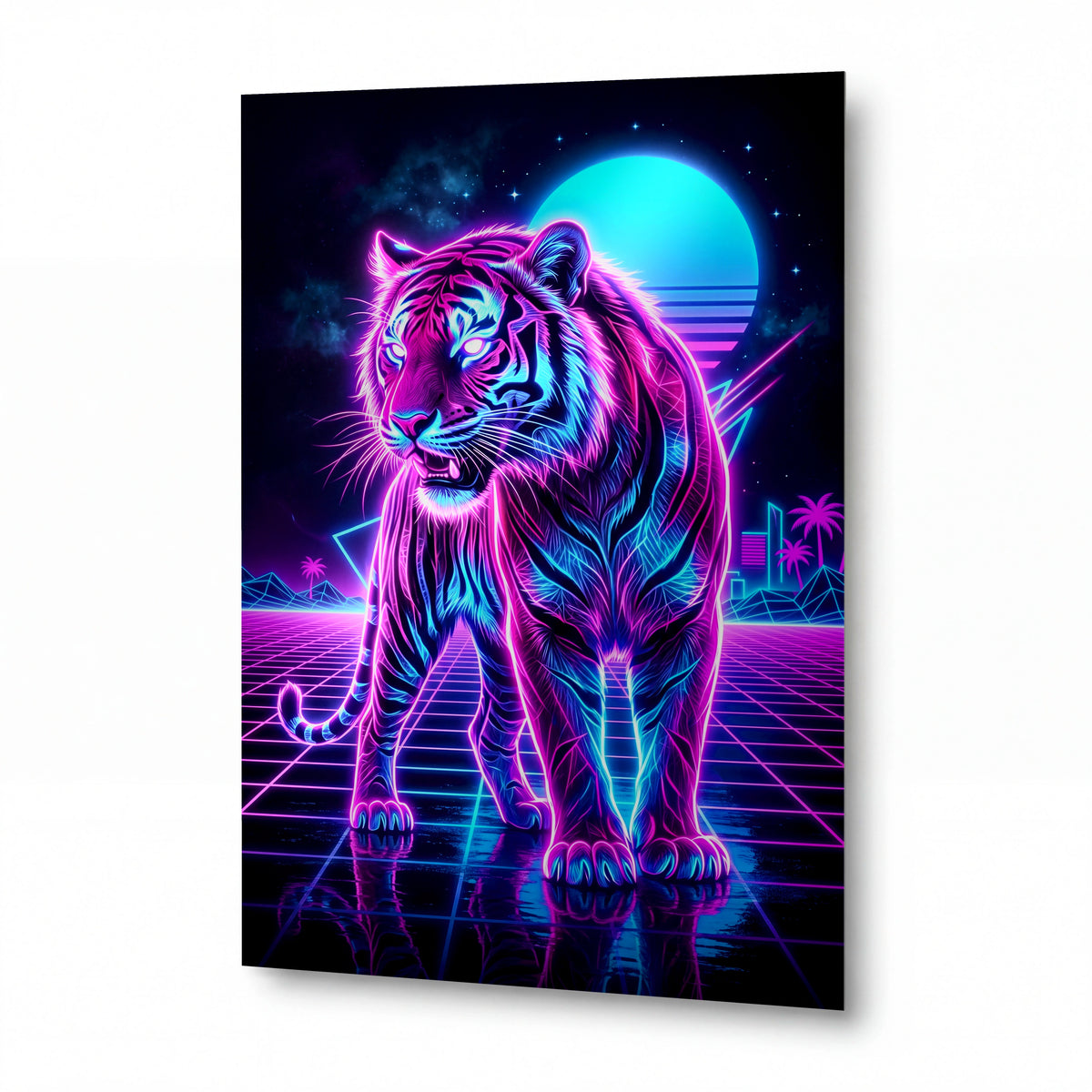 Obraz Neonový tygr v synthwave krajině — luxusní kovový obraz s vysokým leskem