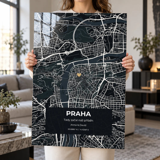 Černá mapa Prahy na kovu