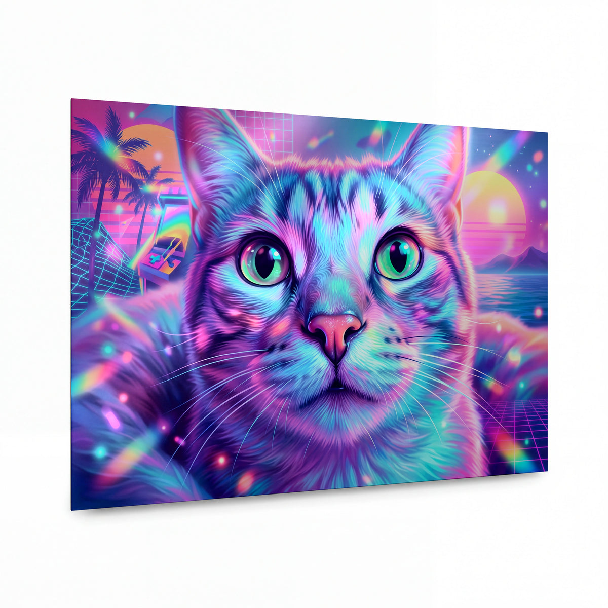 Obraz Kočka v duhových barvách synthwave — kovový obraz na hliníkovém panelu s vysokým leskem