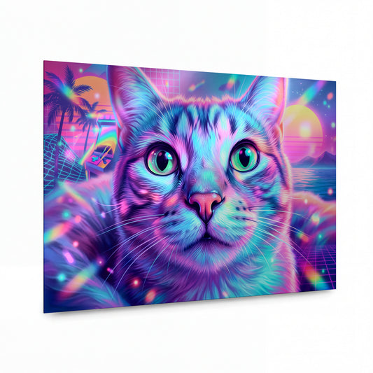 Obraz Kočka v duhových barvách synthwave — kovový obraz na hliníkovém panelu s vysokým leskem