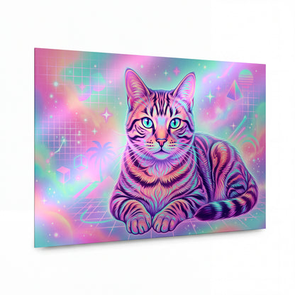 Obraz Kočka v duhové retrowave mlhovině — kovový obraz na hliníkovém panelu s vysokým leskem