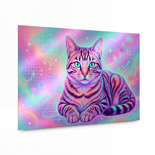 Obraz Kočka v duhové retrowave mlhovině — kovový obraz na hliníkovém panelu s vysokým leskem