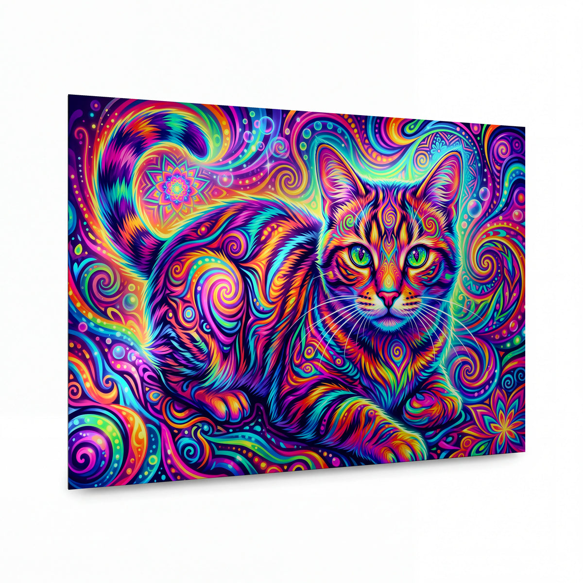 Obraz Kočka v psychedelických spirálách duhových barev — kovový obraz na hliníkovém panelu s vysokým leskem