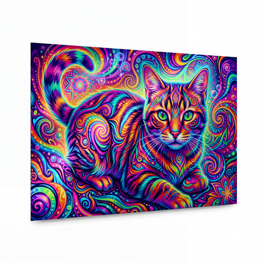 Obraz Kočka v psychedelických spirálách duhových barev — kovový obraz na hliníkovém panelu s vysokým leskem