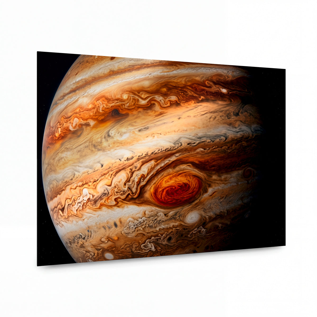 Obraz Bouřlivý Jupiter s Velkou rudou skvrnou — kovový obraz na hliníkovém panelu s vysokým leskem