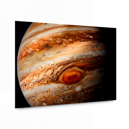 Obraz Bouřlivý Jupiter s Velkou rudou skvrnou — kovový obraz na hliníkovém panelu s vysokým leskem