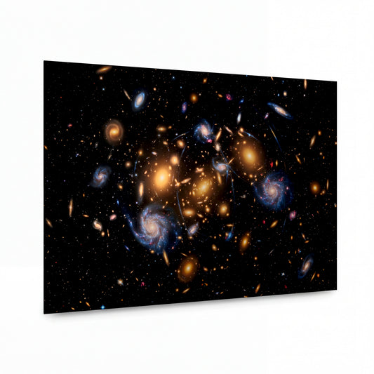 Obraz Tanec galaxií v gravitační objetí — kovový obraz na hliníkovém panelu s vysokým leskem