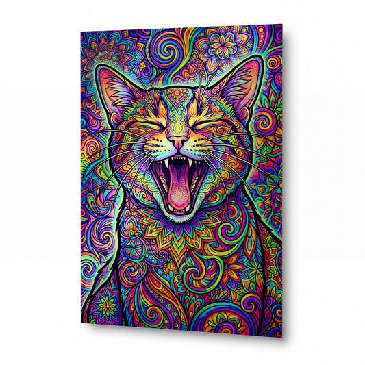 Obraz Řvoucí kočka v psychedelických mandalách — kovový obraz na hliníkovém panelu s vysokým leskem