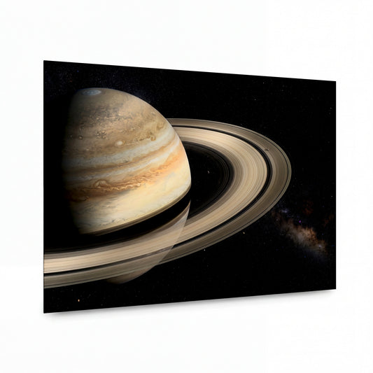 Obraz Saturn s ledovými prstenci v objetí galaxie — kovový obraz na hliníkovém panelu s vysokým leskem
