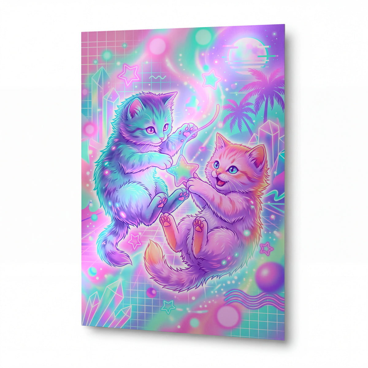Obraz Hravá koťata v retrowave objetí — kovový obraz na hliníkovém panelu s vysokým leskem