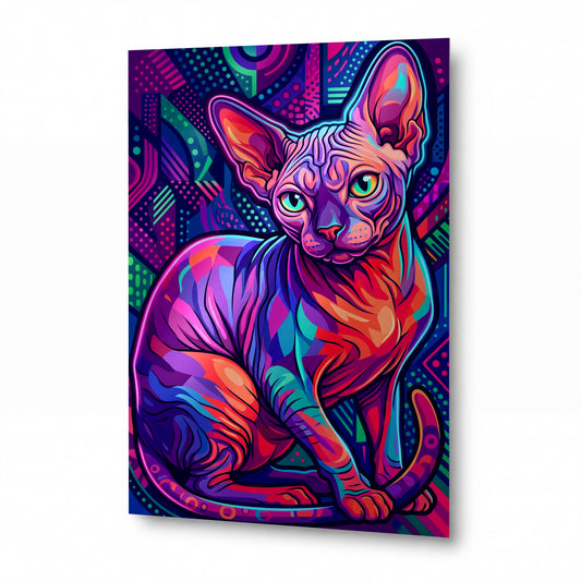 Obraz Sfinga v psychedelických barvách s tyrkysovým pohledem — kovový obraz na hliníkovém panelu s vysokým leskem