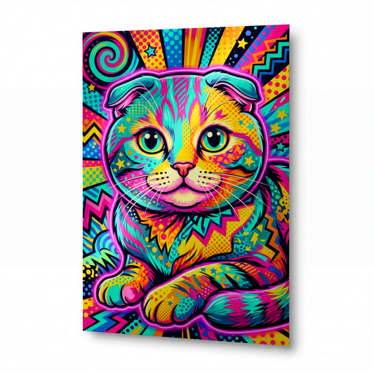 Obraz Skotská klapouchá kočka v psychedelickém pop-artovém výbuchu — kovový obraz na hliníkovém panelu s vysokým leskem