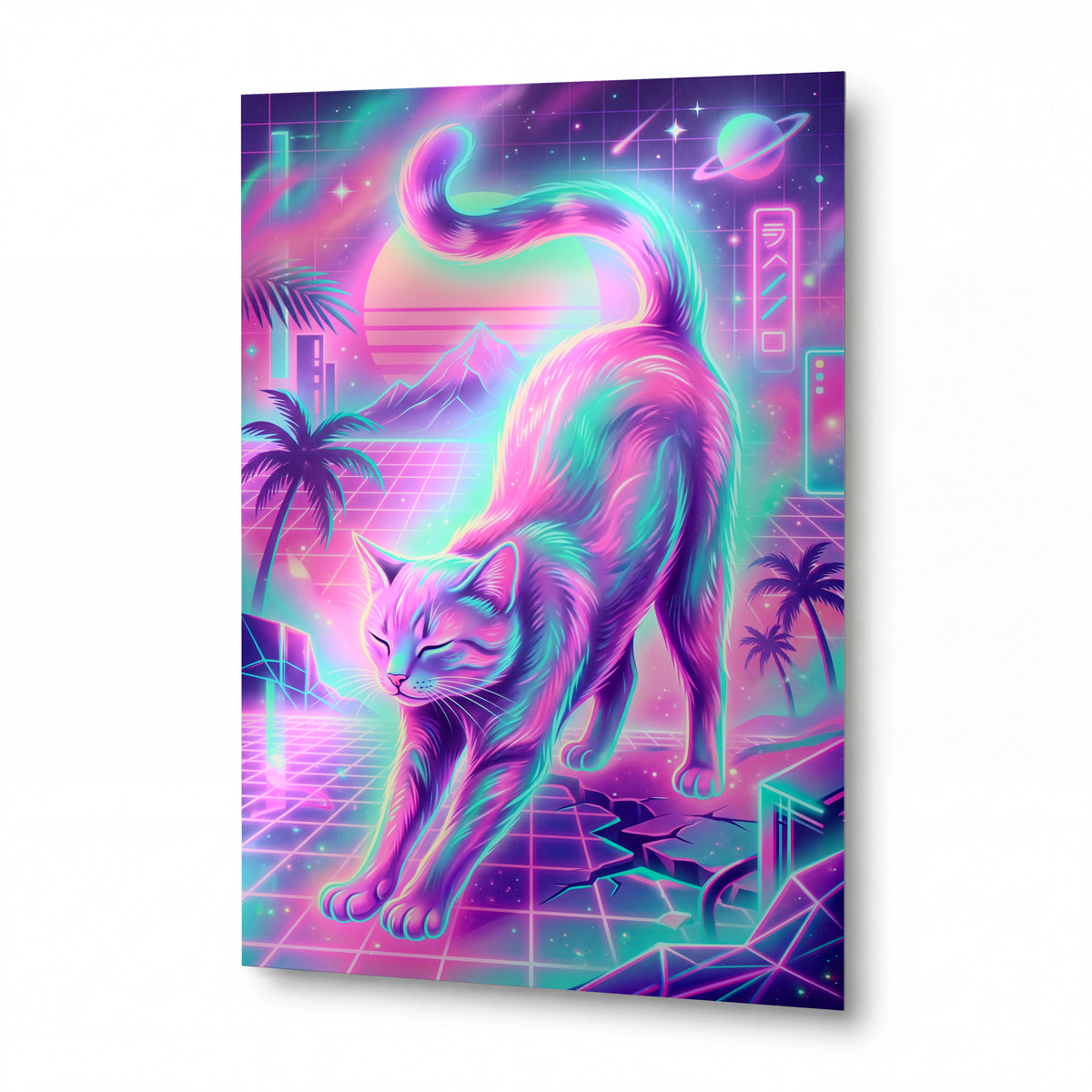 Obraz Neonová kočka v retrowave ráji — kovový obraz na hliníkovém panelu s vysokým leskem