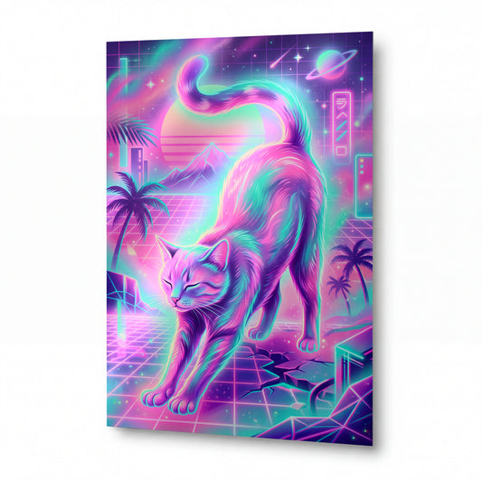 Obraz Neonová kočka v retrowave ráji — kovový obraz na hliníkovém panelu s vysokým leskem
