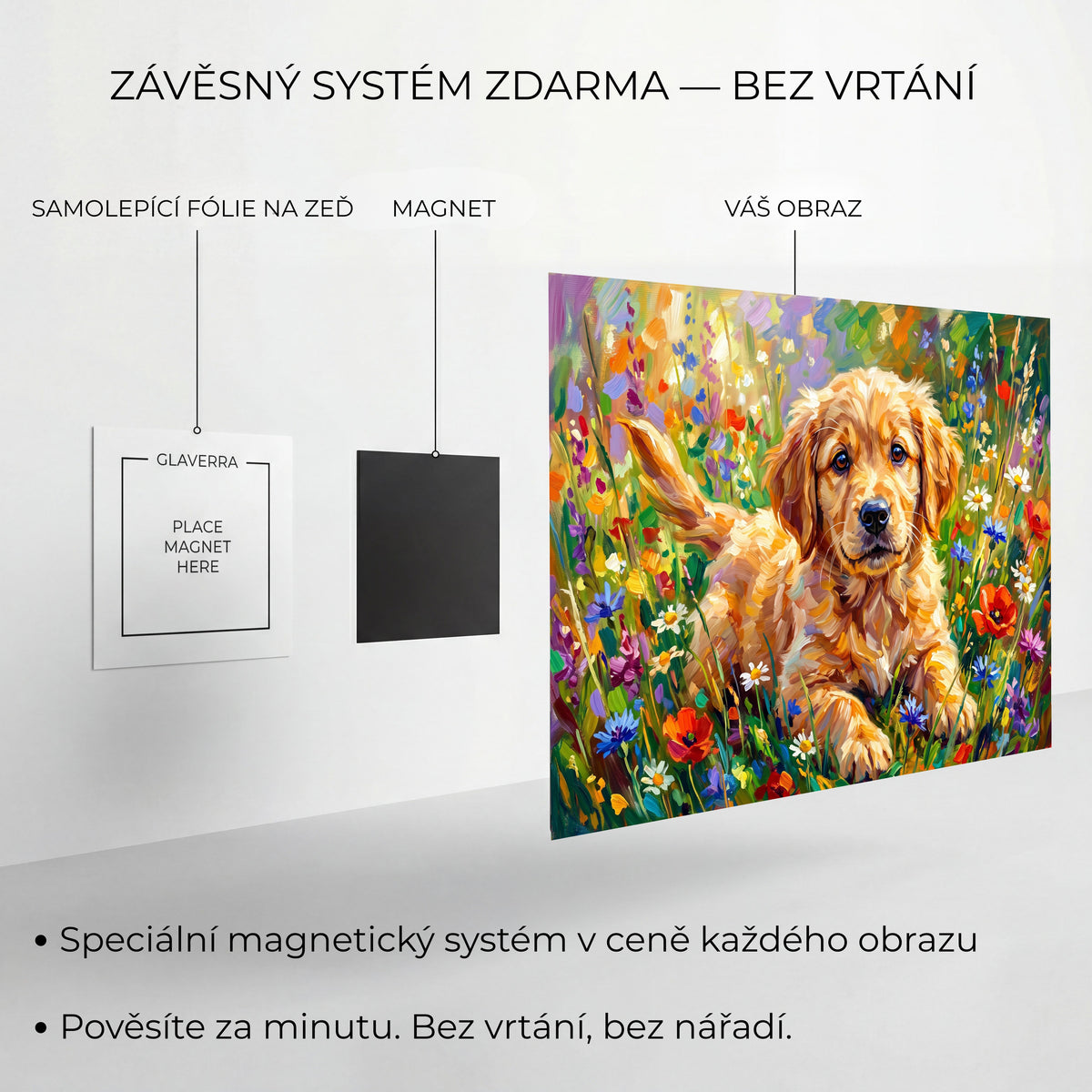Magnetický systém uchycení kovového obrazu bez vrtání