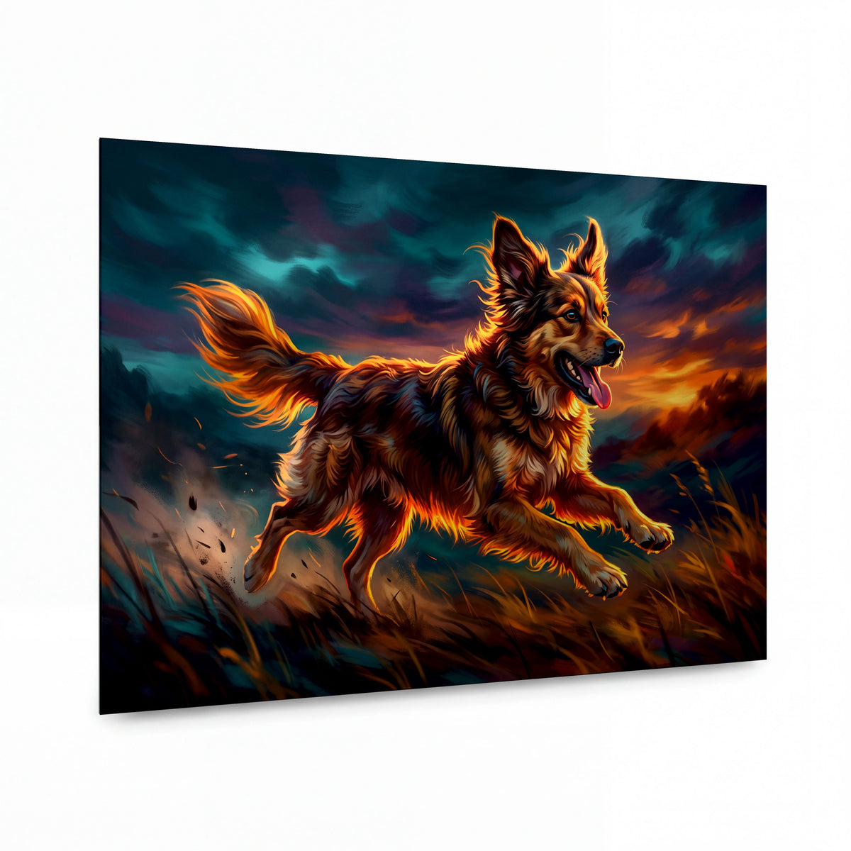 Obraz Ohnivý běh australského ovčáka v bouřkovém světle — kovový obraz na hliníkovém panelu s vysokým leskem