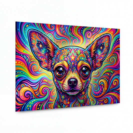 Obraz Chihuahua zdobená psychedelickými ornamenty vesmírné harmonie — kovový obraz na hliníkovém panelu s vysokým leskem