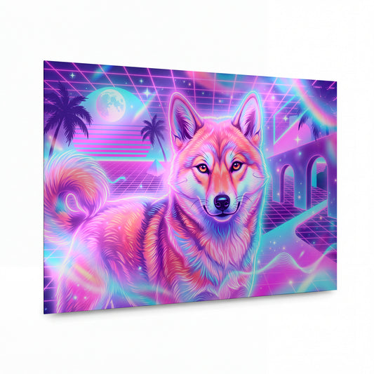 Obraz Vlk v neonové retrowave krajině s palmami — kovový obraz na hliníkovém panelu s vysokým leskem