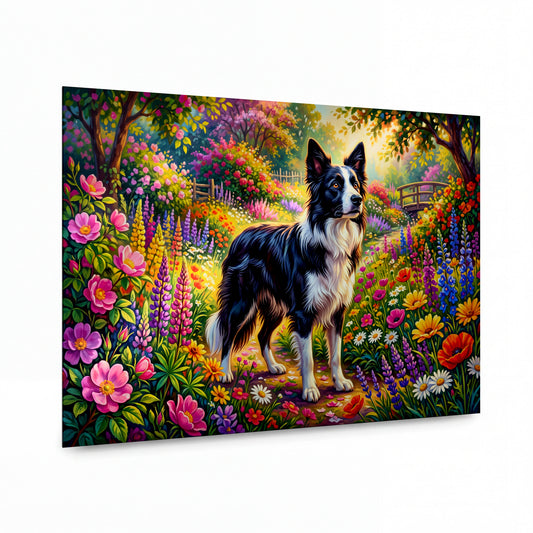 Obraz Border kolie v kaleidoskopu květů — kovový obraz na hliníkovém panelu s vysokým leskem