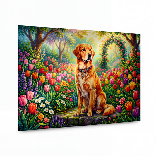 Obraz Golden retriever v tulipánové zahradě pod růžovou bránou — kovový obraz na hliníkovém panelu s vysokým leskem
