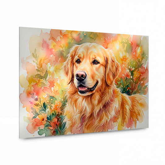 Obraz Golden retriever v akvarelové podzimní zahradě — kovový obraz na hliníkovém panelu s vysokým leskem