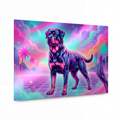 Obraz Rotvajler v neonové retrowave záři — kovový obraz na hliníkovém panelu s vysokým leskem
