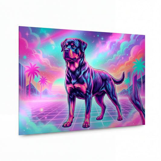 Obraz Rotvajler v neonové retrowave záři — kovový obraz na hliníkovém panelu s vysokým leskem