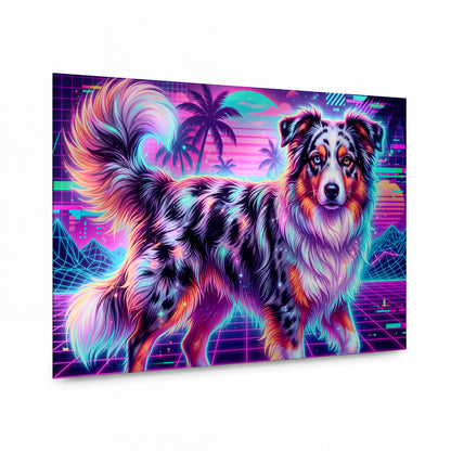 Obraz Australský ovčák v duhovém synthwave opojení — kovový obraz na hliníkovém panelu s vysokým leskem