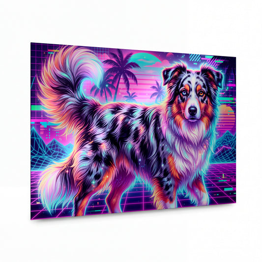 Obraz Australský ovčák v duhovém synthwave opojení — kovový obraz na hliníkovém panelu s vysokým leskem