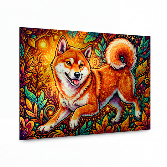 Obraz Shiba inu v zářivém ornamentálním světě — kovový obraz na hliníkovém panelu s vysokým leskem