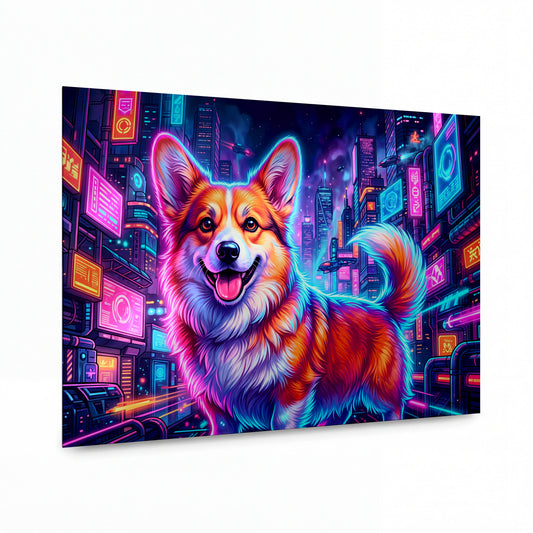 Obraz Corgi v zářivých neonových barvách — kovový obraz na hliníkovém panelu s vysokým leskem