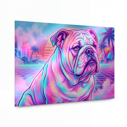 Obraz Buldok v neónové retrowave scenérii — kovový obraz na hliníkovém panelu s vysokým leskem