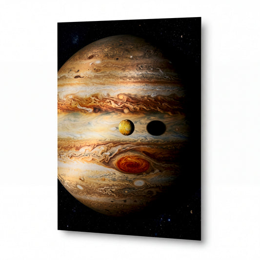 Obraz Jupiter a měsíc Io v tanci planet — kovový obraz na hliníkovém panelu s vysokým leskem