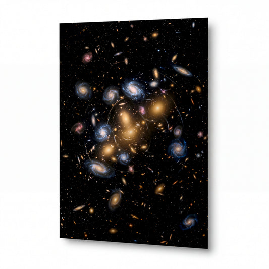 Obraz Tanec galaxií v gravitačním objetí — kovový obraz na hliníkovém panelu s vysokým leskem