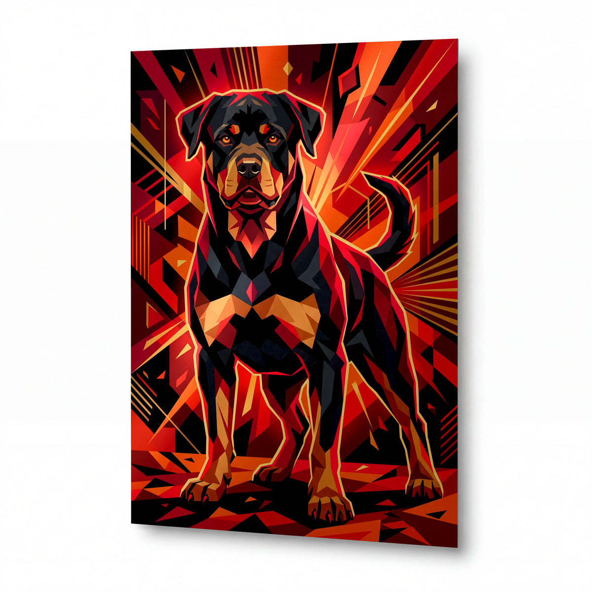 Obraz Rottweiler v plamenech síly — kovový obraz na hliníkovém panelu s vysokým leskem