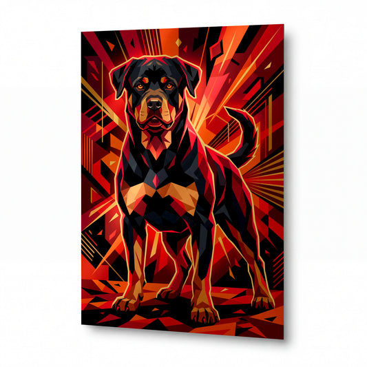 Obraz Rottweiler v plamenech síly — kovový obraz na hliníkovém panelu s vysokým leskem