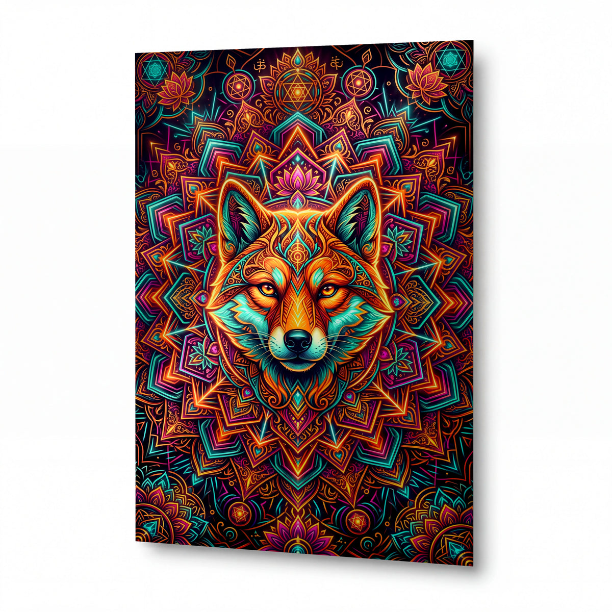 Obraz LiščíStrážceDucha v Mandale — kovový obraz na hliníkovém panelu s vysokým leskem