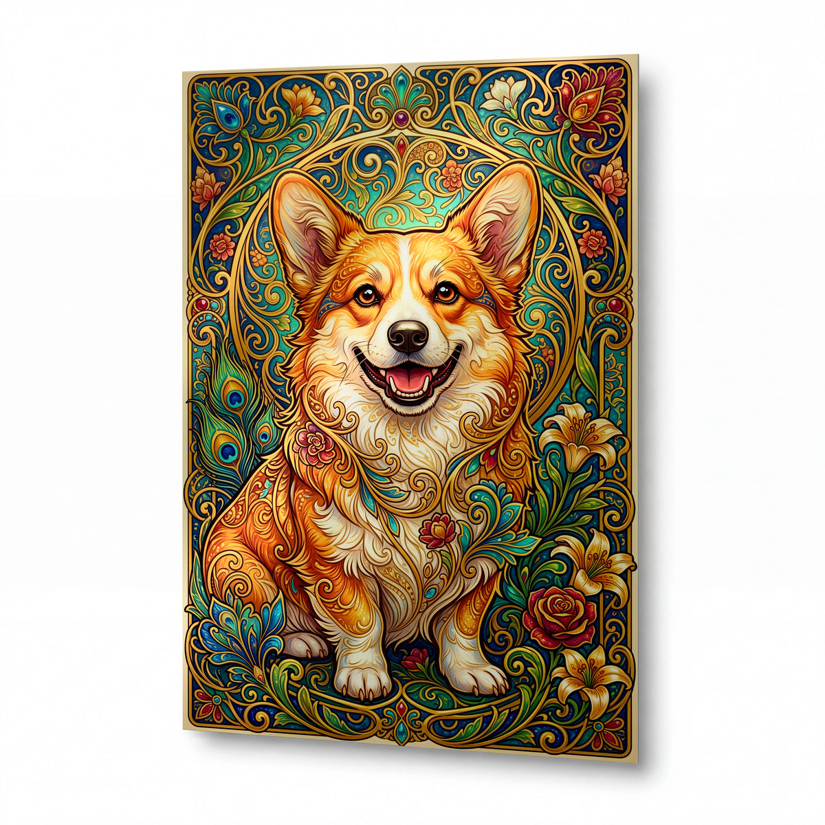 Obraz Usmívající se corgi v ornamentálním rámu — kovový obraz na hliníkovém panelu s vysokým leskem