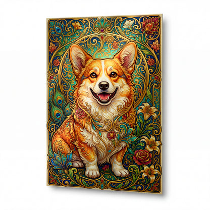 Obraz Usmívající se corgi v ornamentálním rámu — kovový obraz na hliníkovém panelu s vysokým leskem
