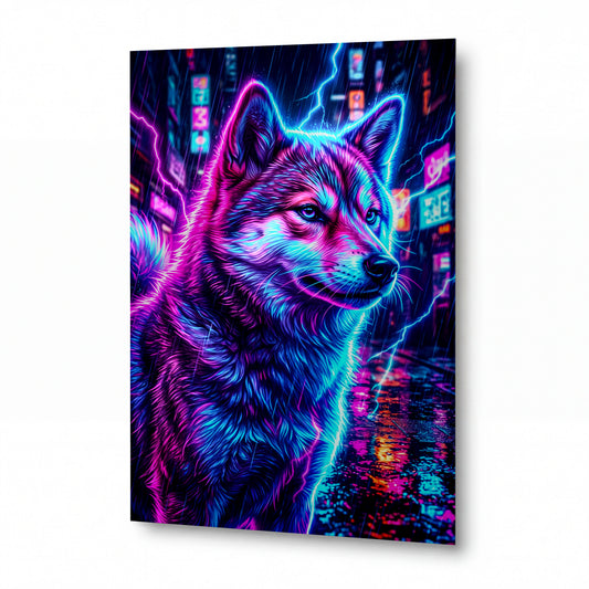 Obraz Shiba Inu v neonových bleských — kovový obraz na hliníkovém panelu s vysokým leskem