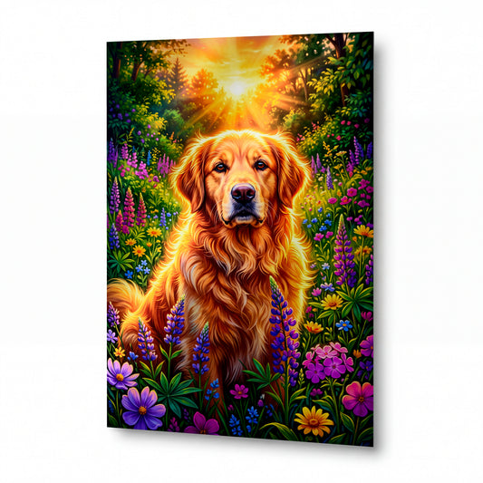 Obraz Golden retriever v záři slunce mezi kvítím — kovový obraz na hliníkovém panelu s vysokým leskem