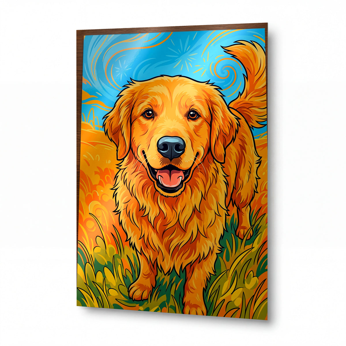 Obraz Golden retriever v objětí slunečního poledne — kovový obraz na hliníkovém panelu s vysokým leskem